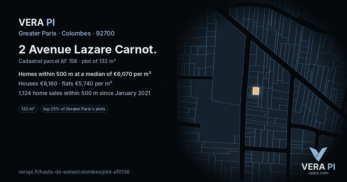 2 Avenue Lazare Carnot, Colombes at night – the plot lit, the parcels around coloured by the prices near them