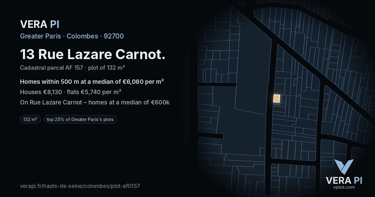 13 Rue Lazare Carnot, Colombes at night – the plot lit, the parcels around coloured by the prices near them