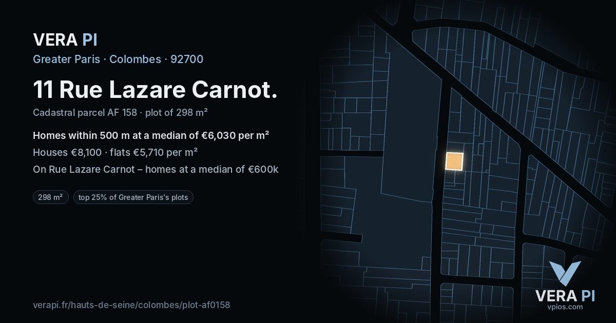 11 Rue Lazare Carnot, Colombes at night – the plot lit, the parcels around coloured by the prices near them