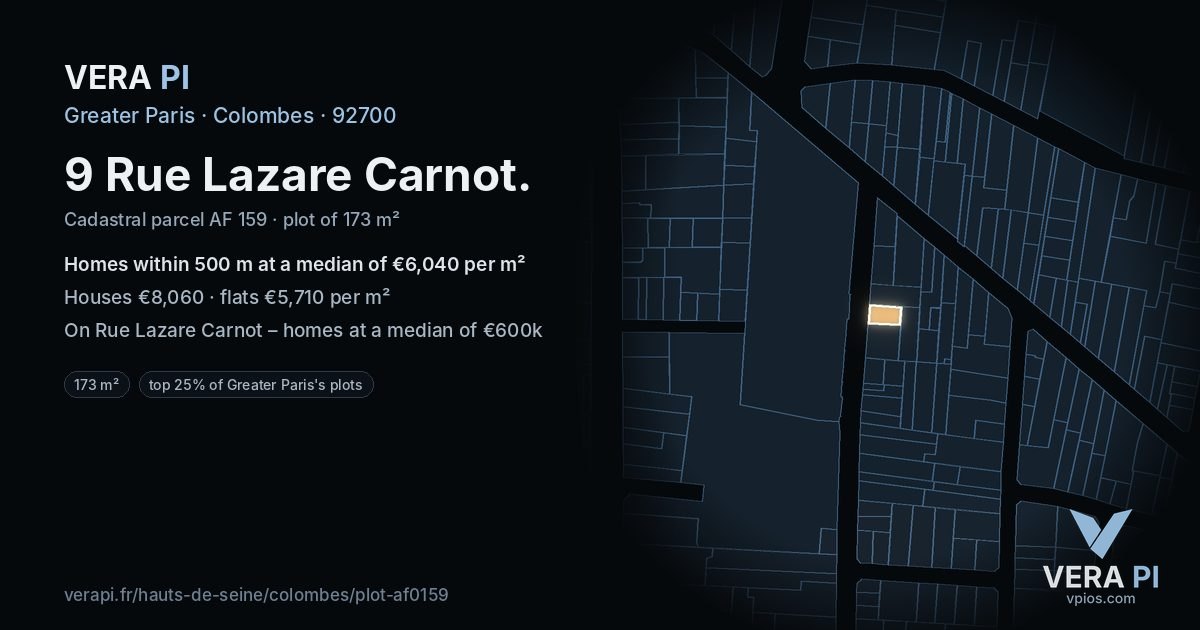 9 Rue Lazare Carnot, Colombes at night – the plot lit, the parcels around coloured by the prices near them