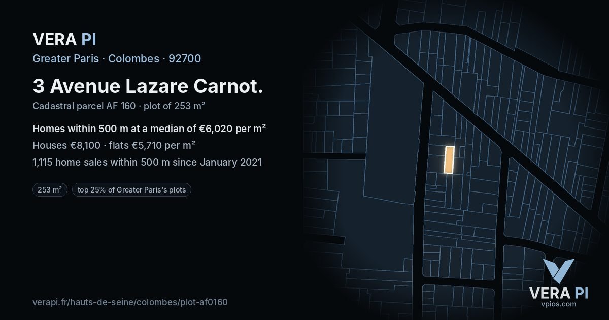 3 Avenue Lazare Carnot, Colombes at night – the plot lit, the parcels around coloured by the prices near them