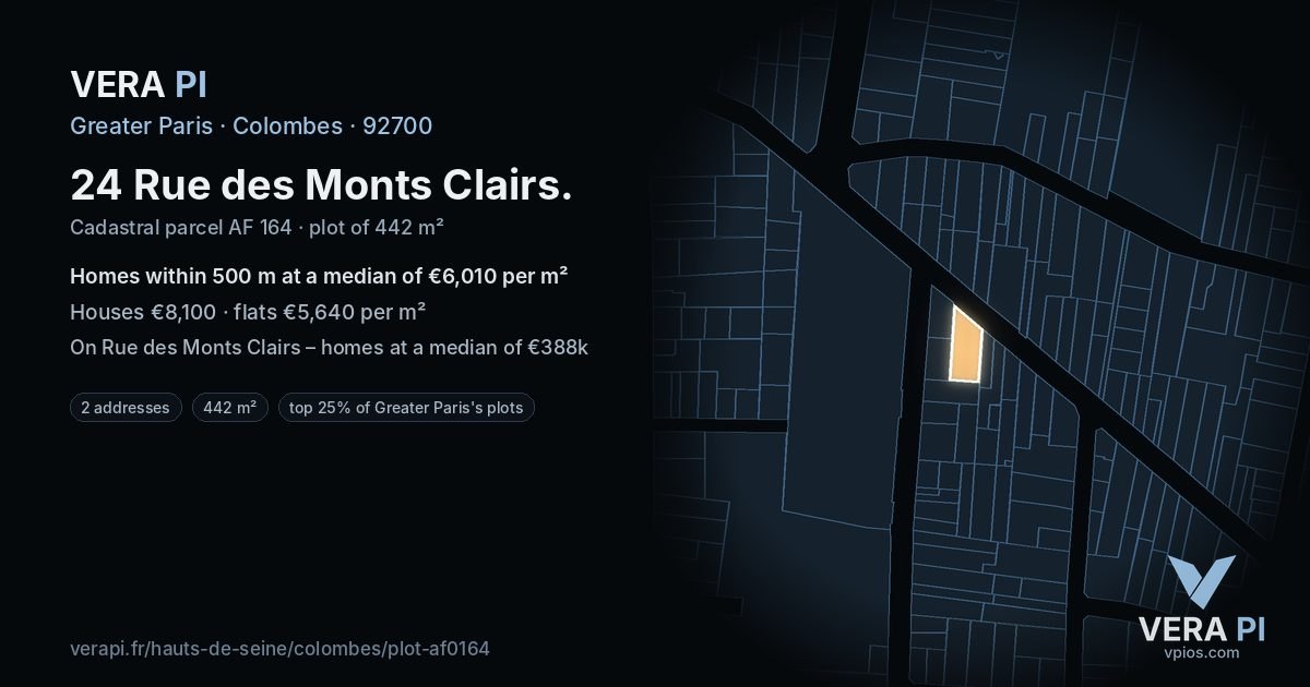 24 Rue des Monts Clairs, Colombes at night – the plot lit, the parcels around coloured by the prices near them