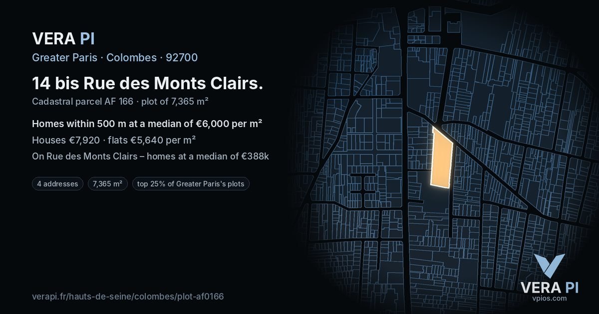 14 bis Rue des Monts Clairs, Colombes at night – the plot lit, the parcels around coloured by the prices near them