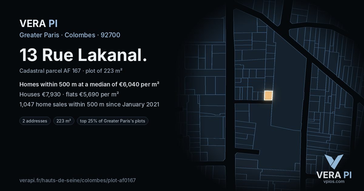 13 Rue Lakanal, Colombes at night – the plot lit, the parcels around coloured by the prices near them