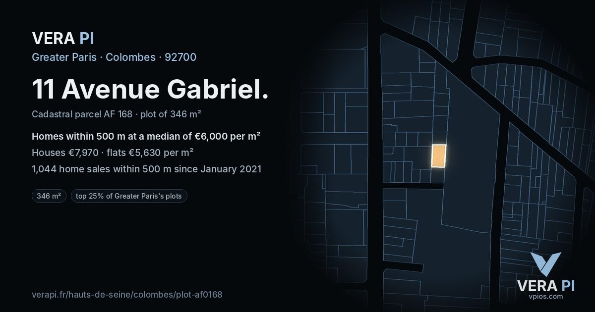 11 Avenue Gabriel, Colombes at night – the plot lit, the parcels around coloured by the prices near them