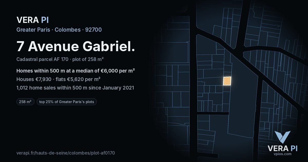 7 Avenue Gabriel, Colombes at night – the plot lit, the parcels around coloured by the prices near them