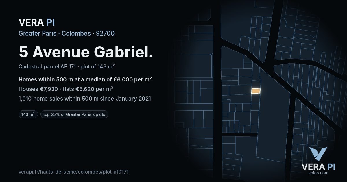 5 Avenue Gabriel, Colombes at night – the plot lit, the parcels around coloured by the prices near them