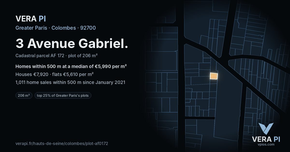 3 Avenue Gabriel, Colombes at night – the plot lit, the parcels around coloured by the prices near them