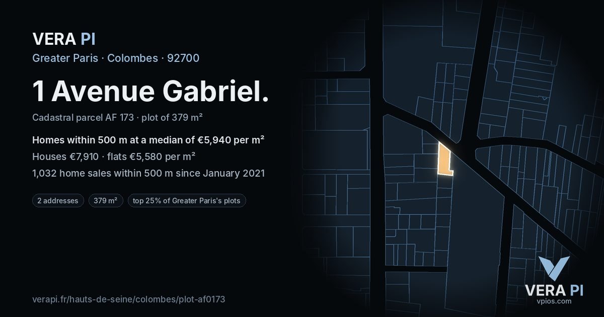 1 Avenue Gabriel, Colombes at night – the plot lit, the parcels around coloured by the prices near them