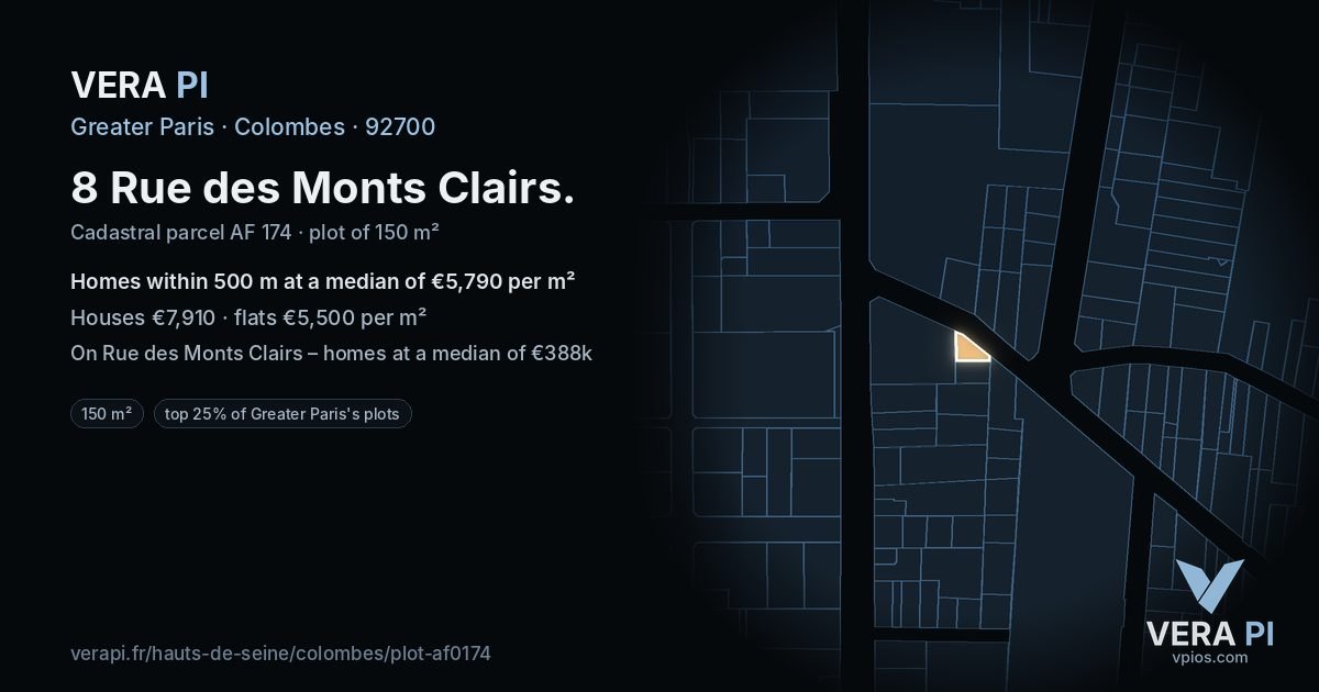 8 Rue des Monts Clairs, Colombes at night – the plot lit, the parcels around coloured by the prices near them