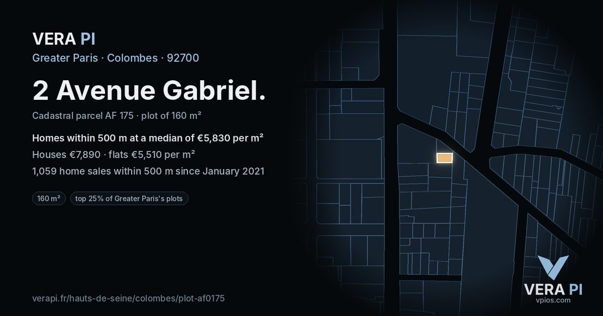 2 Avenue Gabriel, Colombes at night – the plot lit, the parcels around coloured by the prices near them