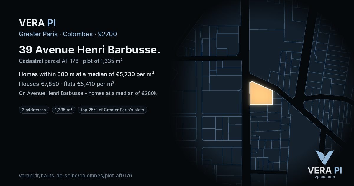 39 Avenue Henri Barbusse, Colombes at night – the plot lit, the parcels around coloured by the prices near them