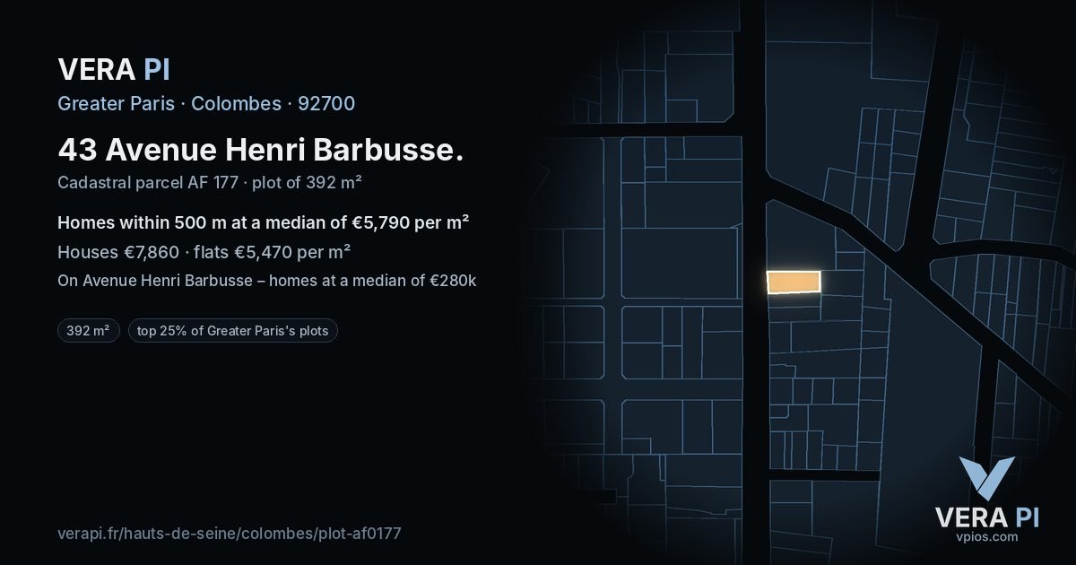 43 Avenue Henri Barbusse, Colombes at night – the plot lit, the parcels around coloured by the prices near them