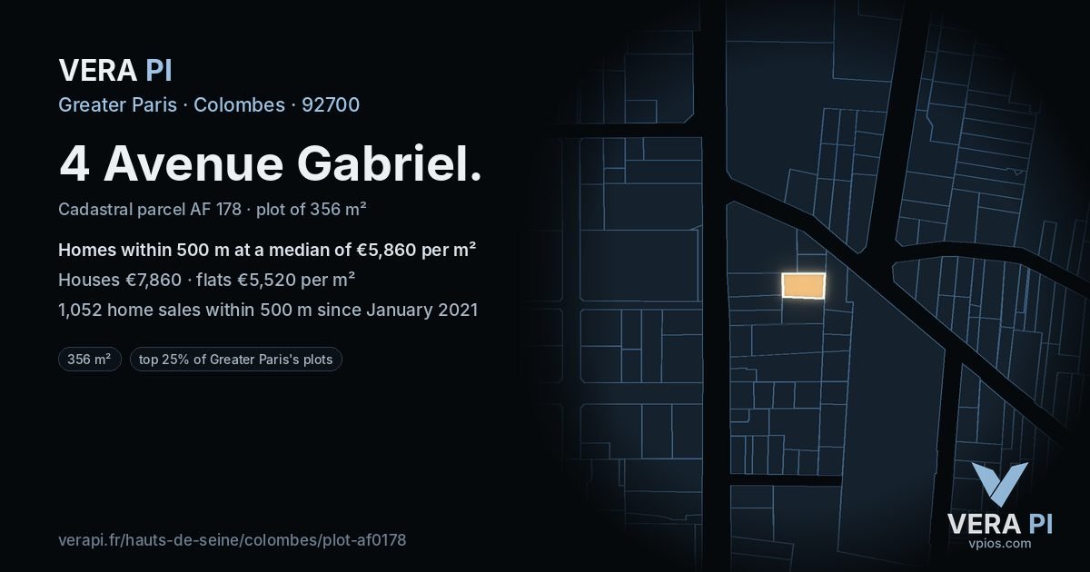 4 Avenue Gabriel, Colombes at night – the plot lit, the parcels around coloured by the prices near them