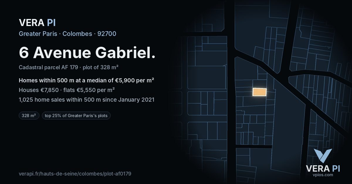6 Avenue Gabriel, Colombes at night – the plot lit, the parcels around coloured by the prices near them
