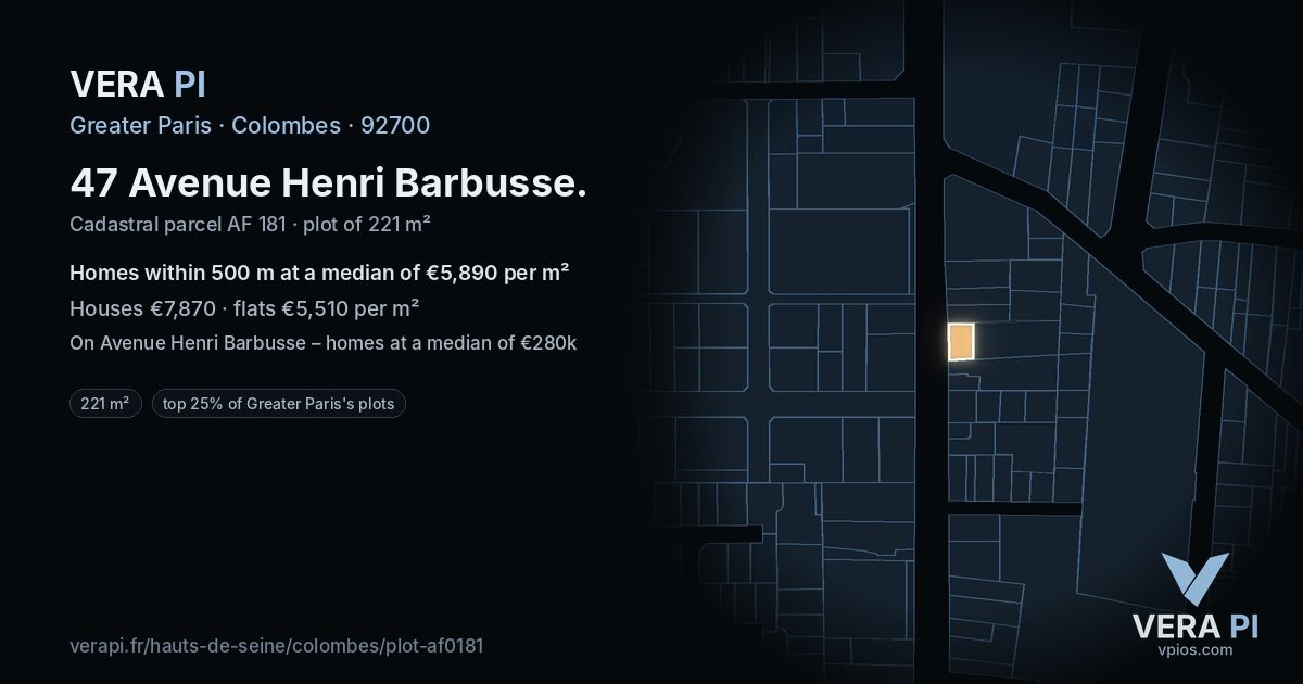 47 Avenue Henri Barbusse, Colombes at night – the plot lit, the parcels around coloured by the prices near them