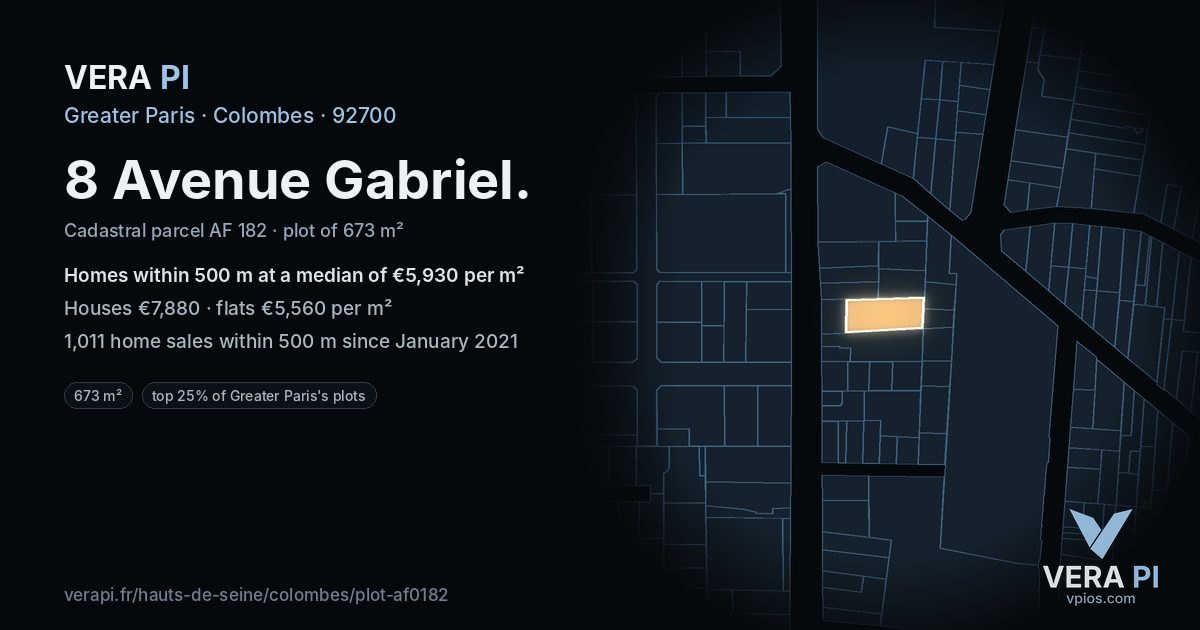 8 Avenue Gabriel, Colombes at night – the plot lit, the parcels around coloured by the prices near them