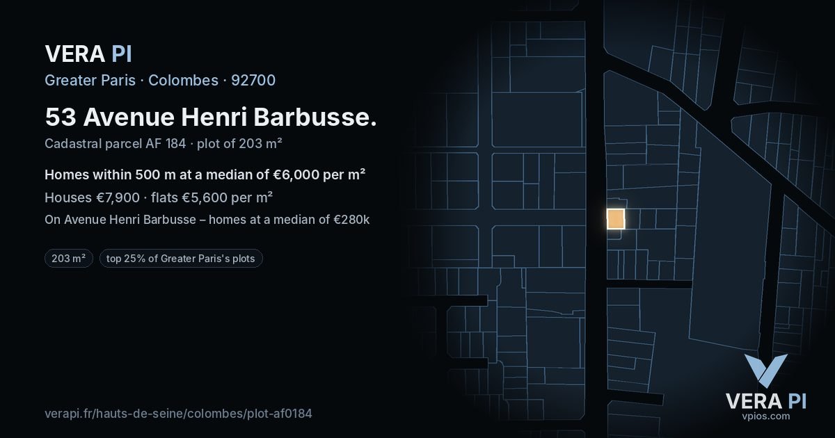 53 Avenue Henri Barbusse, Colombes at night – the plot lit, the parcels around coloured by the prices near them