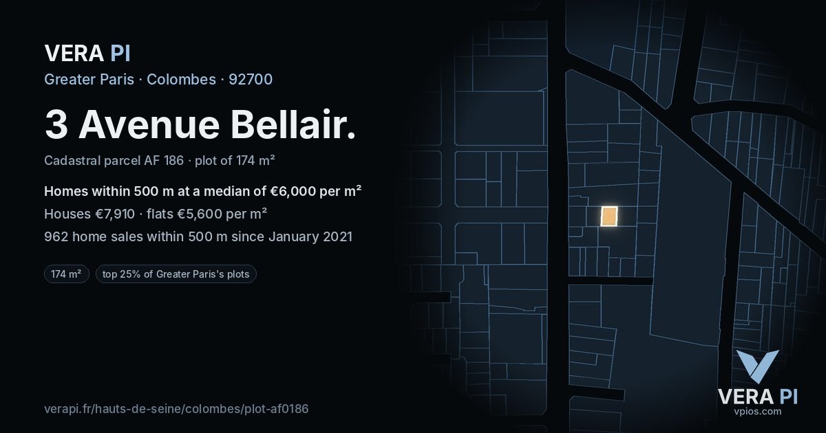3 Avenue Bellair, Colombes at night – the plot lit, the parcels around coloured by the prices near them