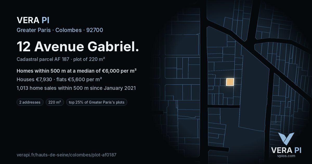 12 Avenue Gabriel, Colombes at night – the plot lit, the parcels around coloured by the prices near them