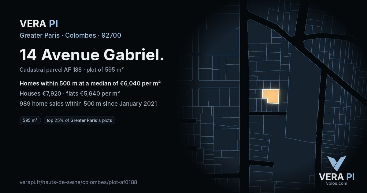 14 Avenue Gabriel, Colombes at night – the plot lit, the parcels around coloured by the prices near them