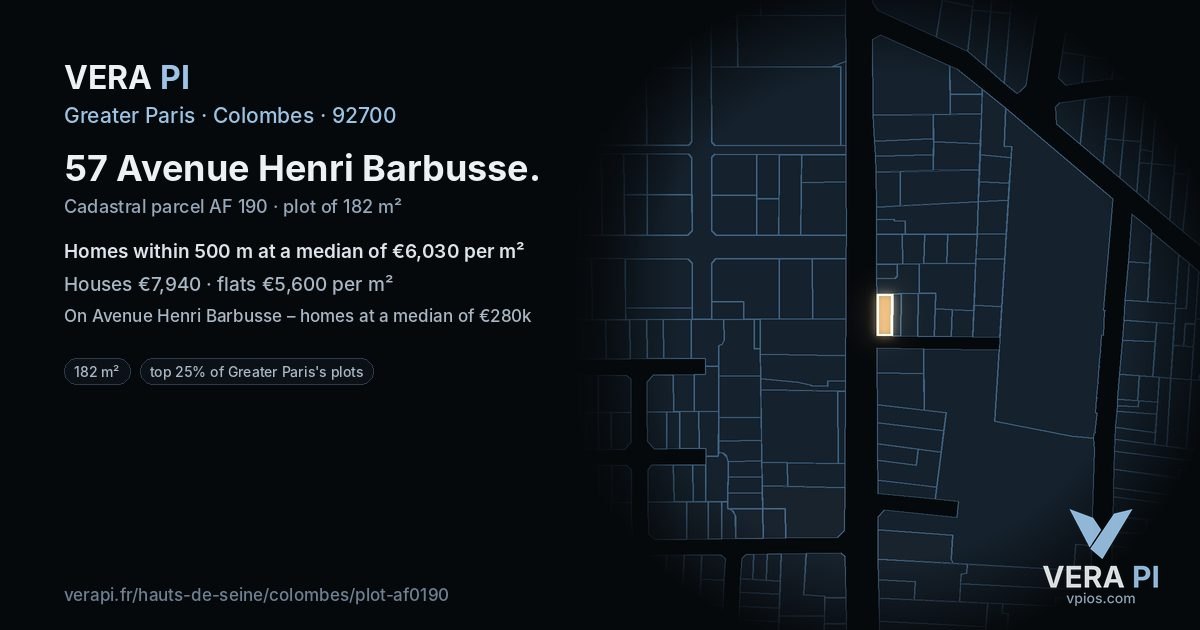 57 Avenue Henri Barbusse, Colombes at night – the plot lit, the parcels around coloured by the prices near them