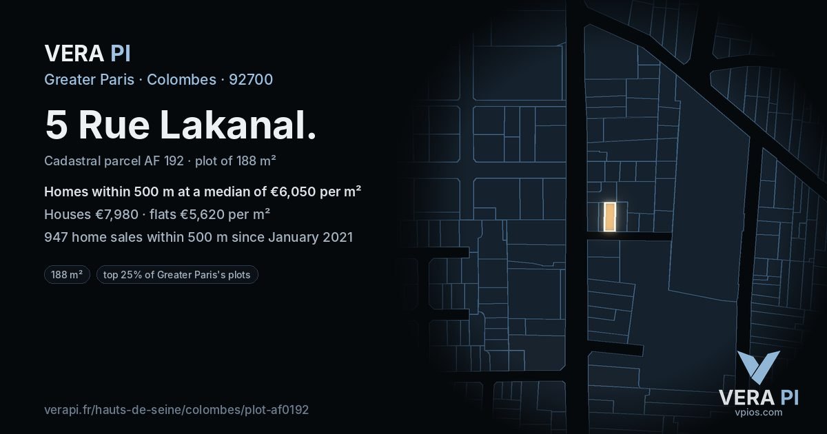 5 Rue Lakanal, Colombes at night – the plot lit, the parcels around coloured by the prices near them