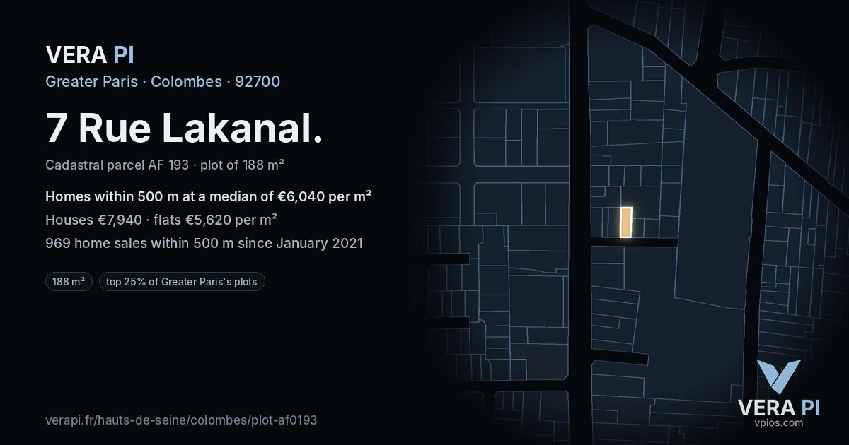 7 Rue Lakanal, Colombes at night – the plot lit, the parcels around coloured by the prices near them