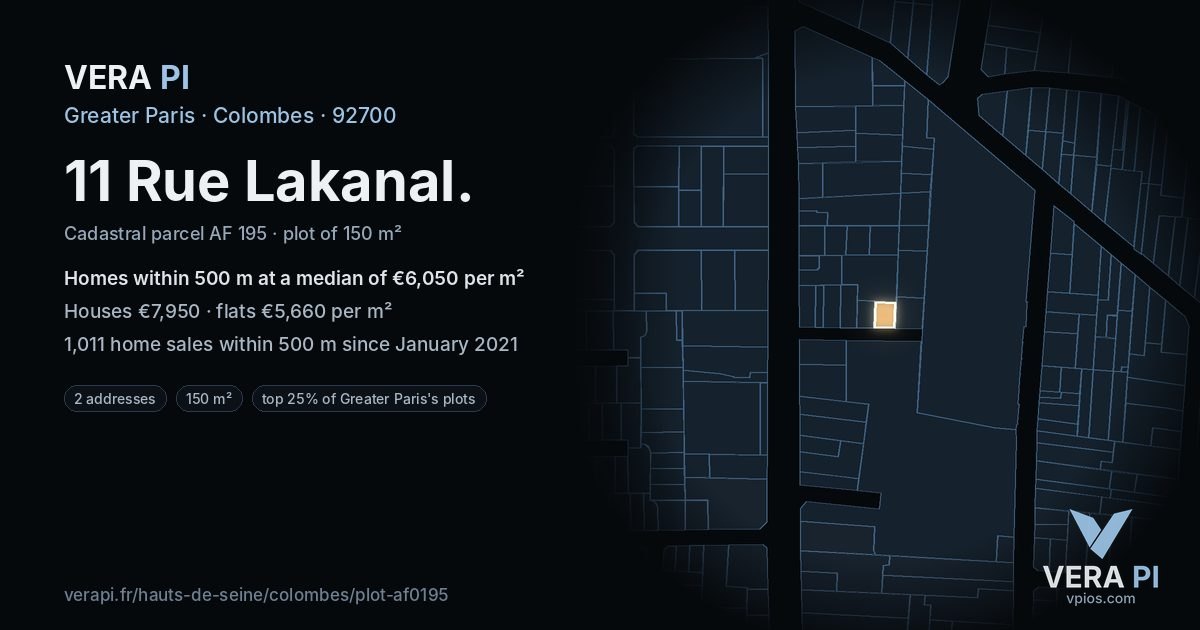 11 Rue Lakanal, Colombes at night – the plot lit, the parcels around coloured by the prices near them