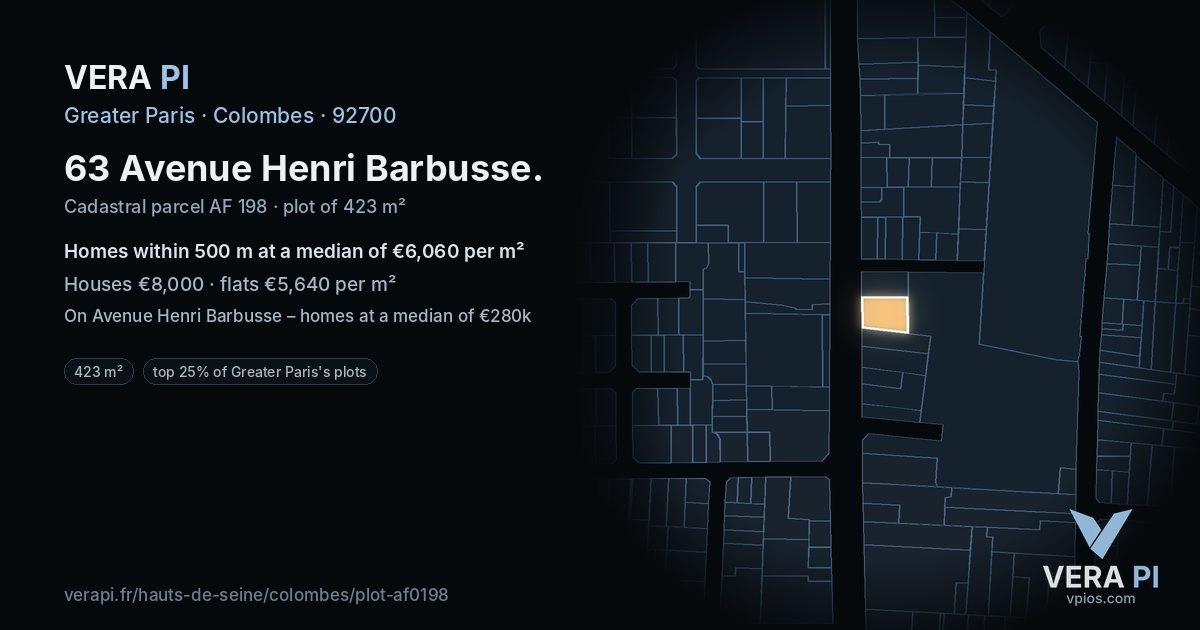 63 Avenue Henri Barbusse, Colombes at night – the plot lit, the parcels around coloured by the prices near them