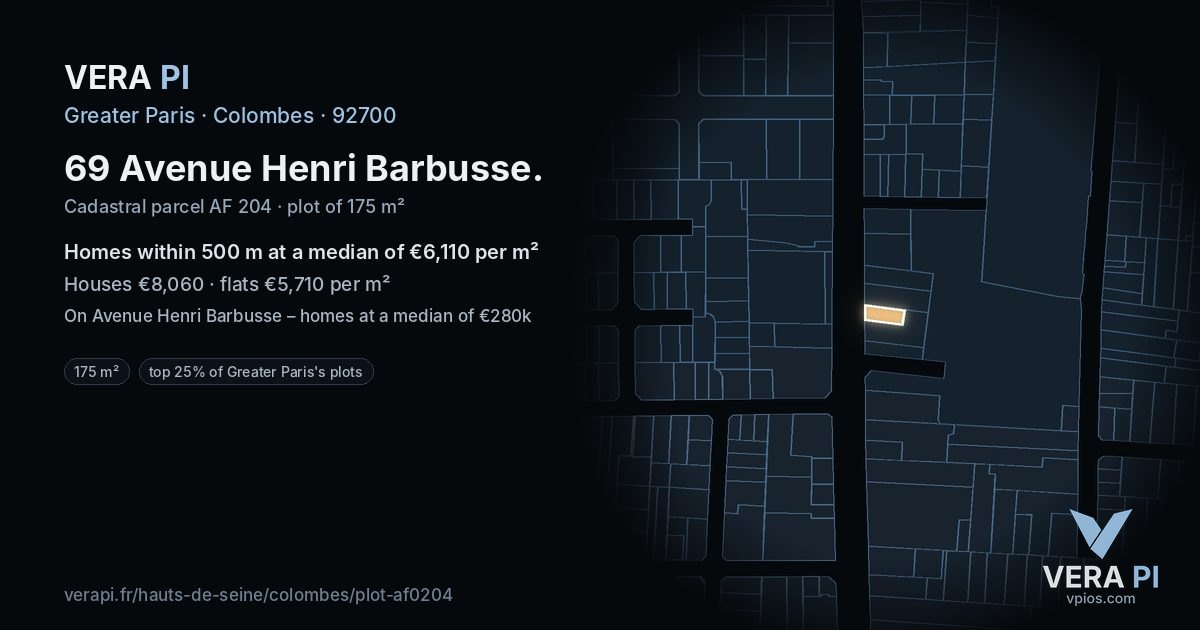 69 Avenue Henri Barbusse, Colombes at night – the plot lit, the parcels around coloured by the prices near them