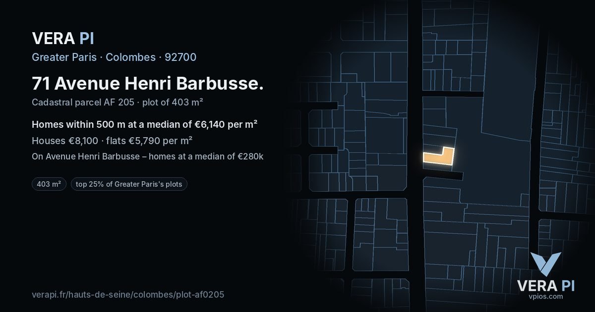 71 Avenue Henri Barbusse, Colombes at night – the plot lit, the parcels around coloured by the prices near them