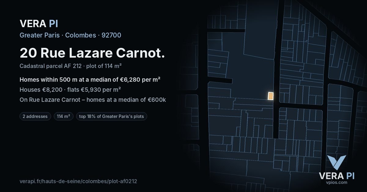 20 Rue Lazare Carnot, Colombes at night – the plot lit, the parcels around coloured by the prices near them