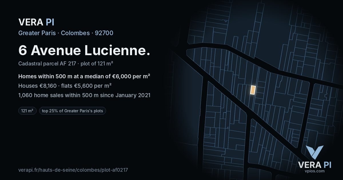 6 Avenue Lucienne, Colombes at night – the plot lit, the parcels around coloured by the prices near them