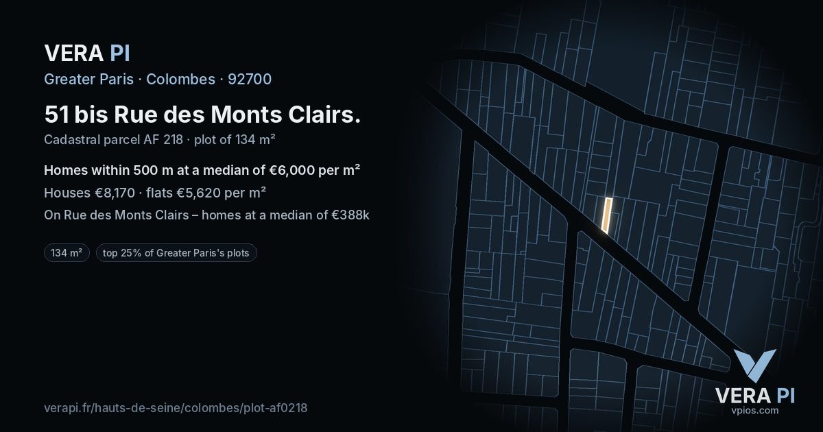 51 bis Rue des Monts Clairs, Colombes at night – the plot lit, the parcels around coloured by the prices near them