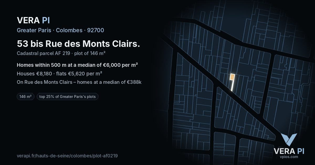 53 bis Rue des Monts Clairs, Colombes at night – the plot lit, the parcels around coloured by the prices near them