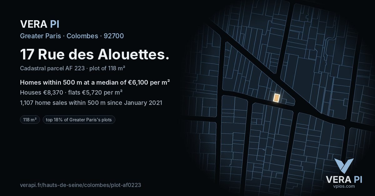 17 Rue des Alouettes, Colombes at night – the plot lit, the parcels around coloured by the prices near them