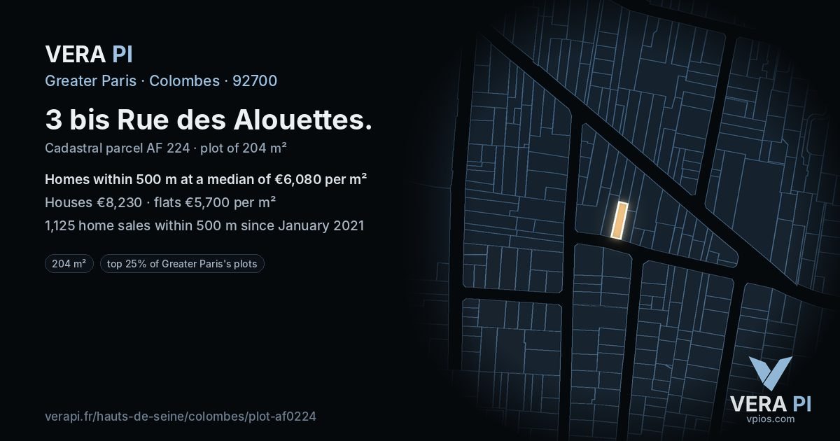 3 bis Rue des Alouettes, Colombes at night – the plot lit, the parcels around coloured by the prices near them