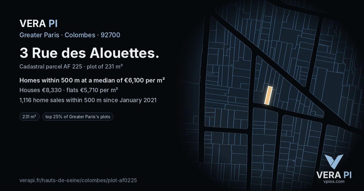 3 Rue des Alouettes, Colombes at night – the plot lit, the parcels around coloured by the prices near them