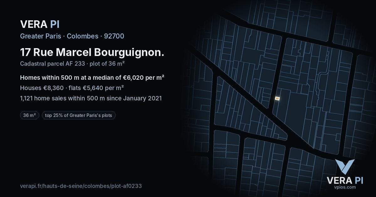 17 Rue Marcel Bourguignon, Colombes at night – the plot lit, the parcels around coloured by the prices near them