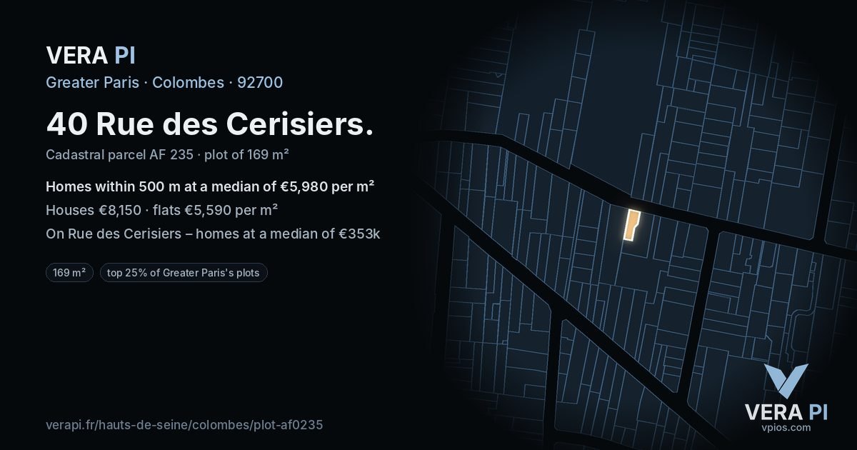 40 Rue des Cerisiers, Colombes at night – the plot lit, the parcels around coloured by the prices near them