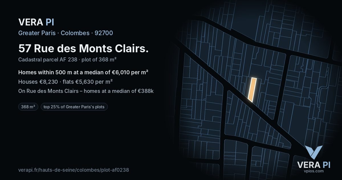 57 Rue des Monts Clairs, Colombes at night – the plot lit, the parcels around coloured by the prices near them