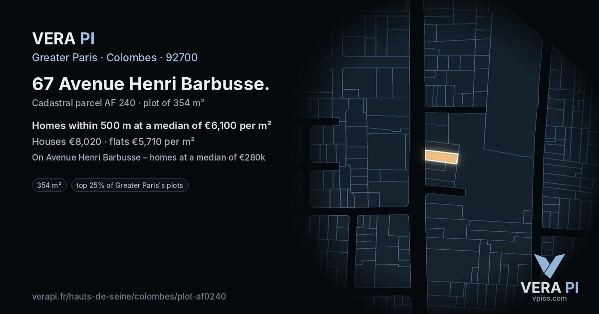 67 Avenue Henri Barbusse, Colombes at night – the plot lit, the parcels around coloured by the prices near them