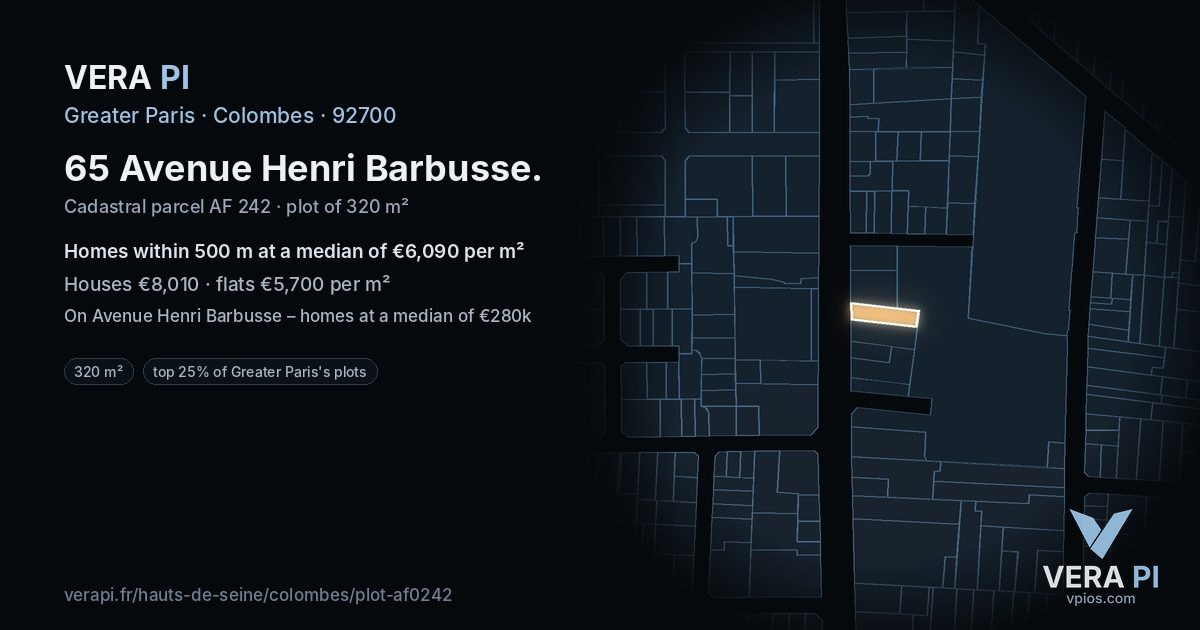 65 Avenue Henri Barbusse, Colombes at night – the plot lit, the parcels around coloured by the prices near them