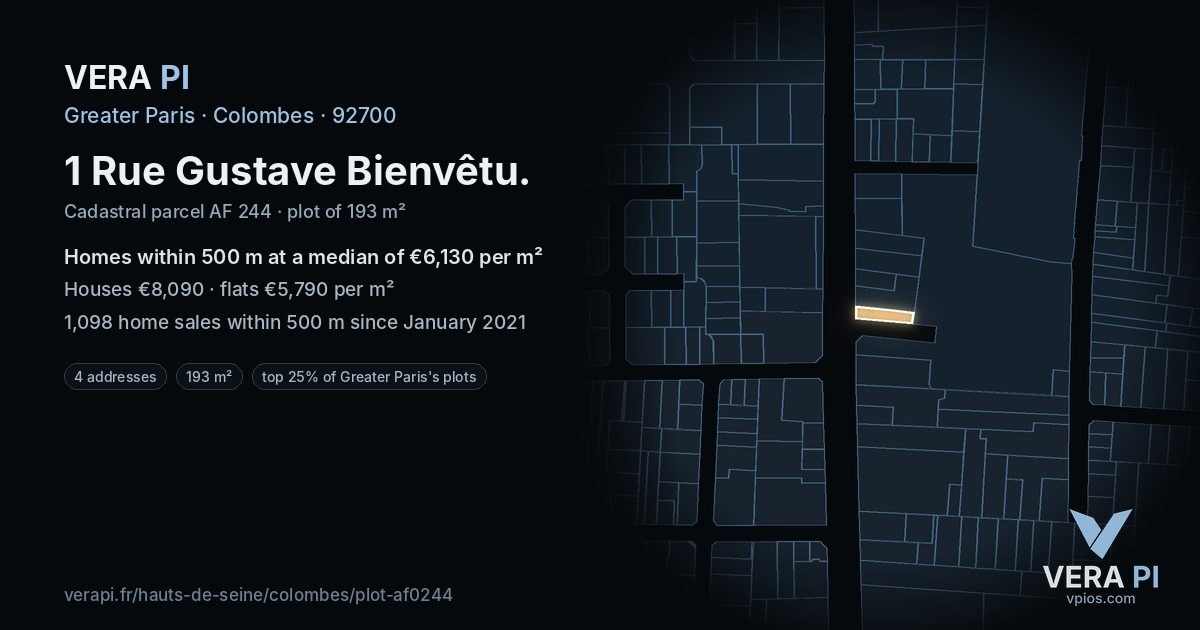 1 Rue Gustave Bienvêtu, Colombes at night – the plot lit, the parcels around coloured by the prices near them