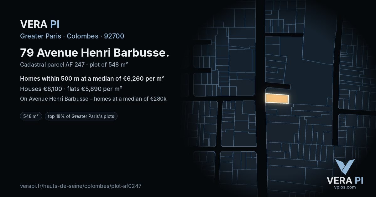 79 Avenue Henri Barbusse, Colombes at night – the plot lit, the parcels around coloured by the prices near them