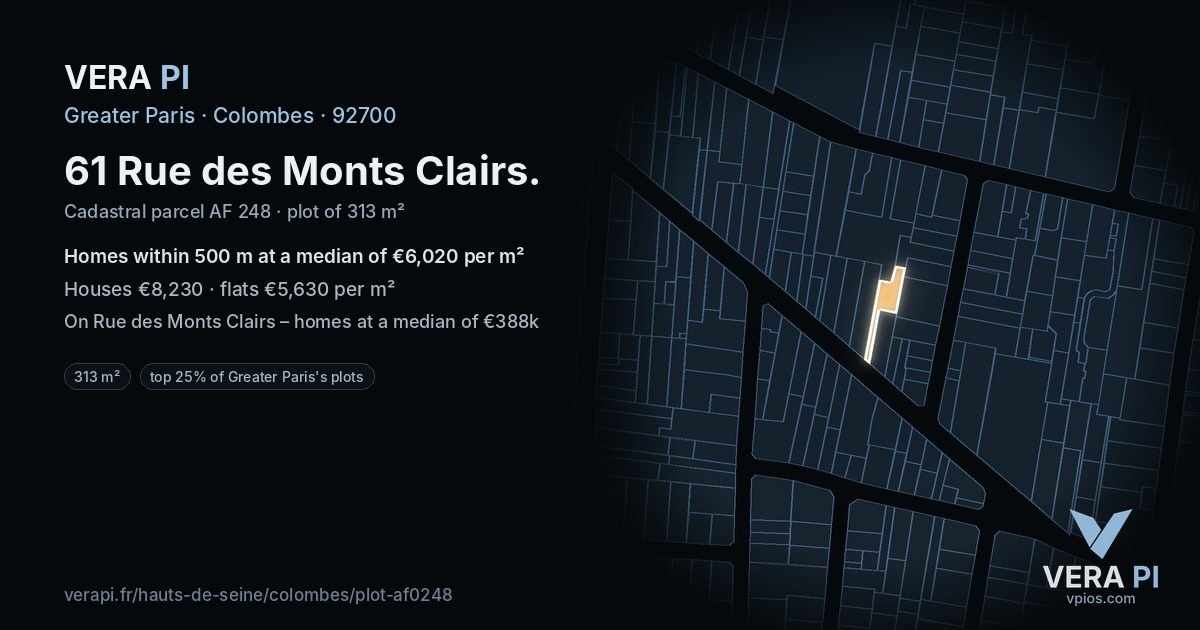 61 Rue des Monts Clairs, Colombes at night – the plot lit, the parcels around coloured by the prices near them
