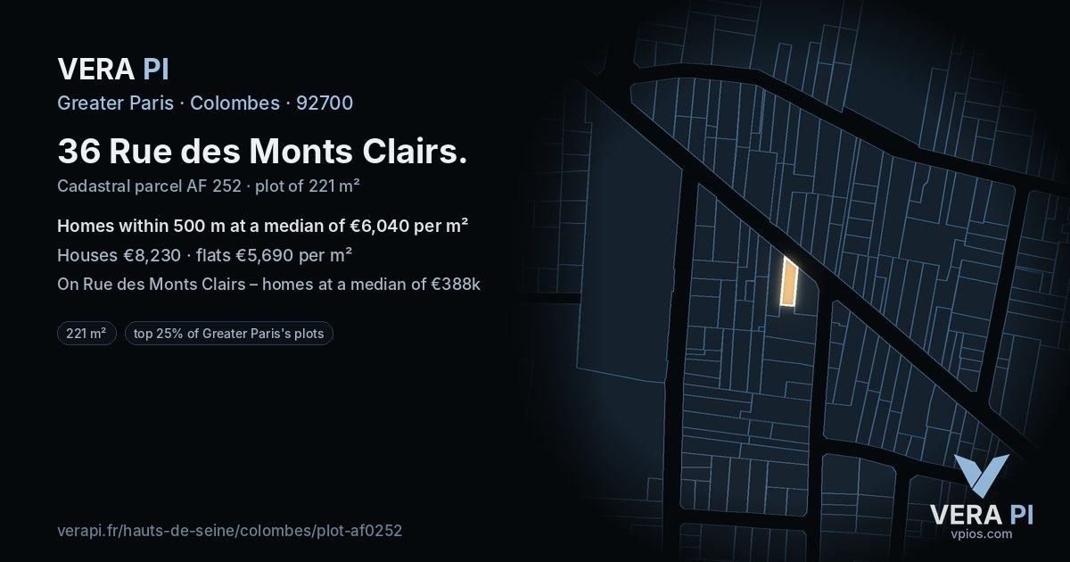 36 Rue des Monts Clairs, Colombes at night – the plot lit, the parcels around coloured by the prices near them