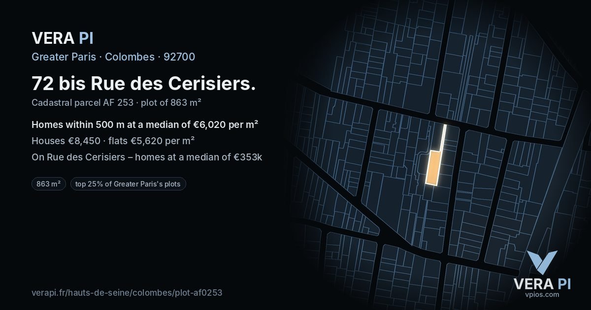 72 bis Rue des Cerisiers, Colombes at night – the plot lit, the parcels around coloured by the prices near them