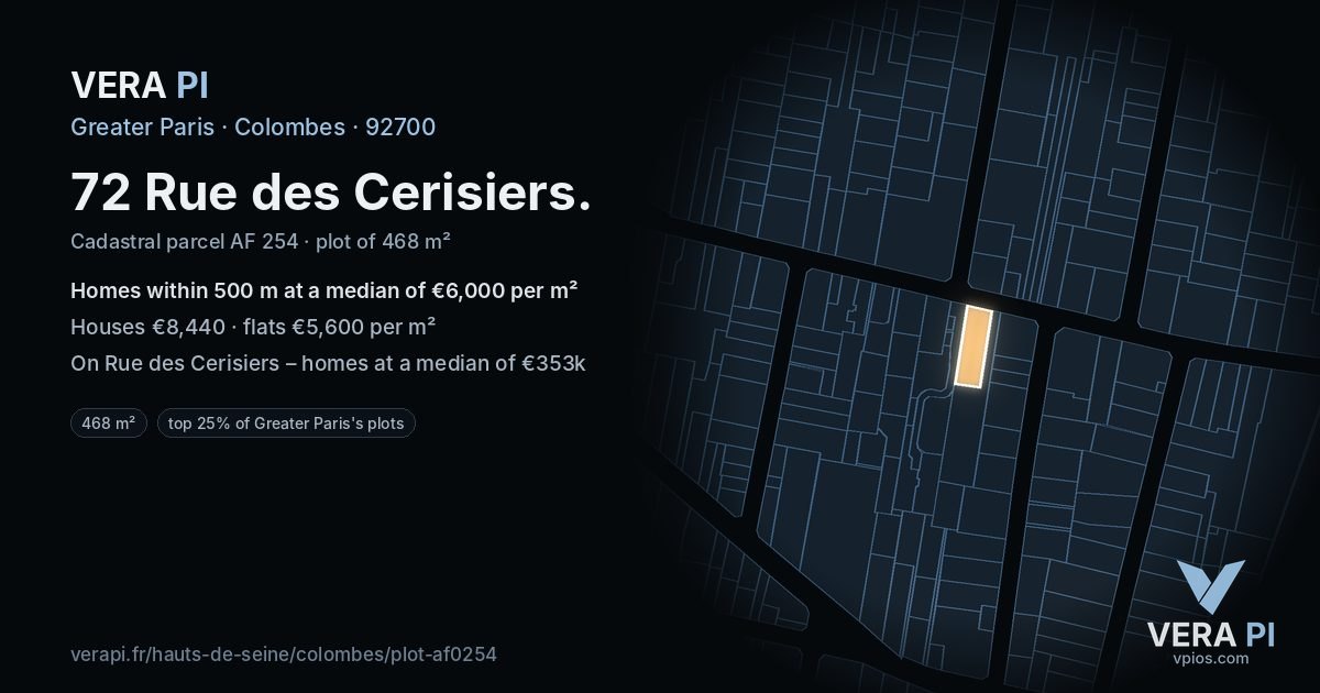 72 Rue des Cerisiers, Colombes at night – the plot lit, the parcels around coloured by the prices near them
